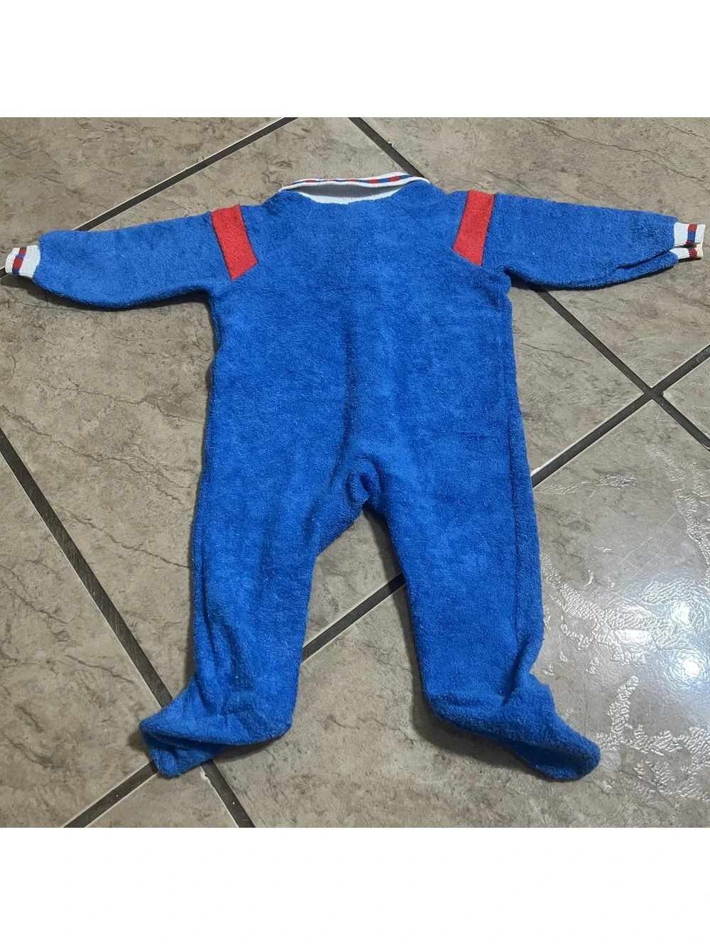 Vintage Izod Lacoste Terry Cloth Blue Red Striped Baby One Piece Footies 3/6M